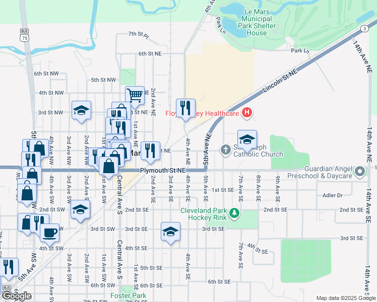 map of restaurants, bars, coffee shops, grocery stores, and more near 98 4th Avenue Northeast in Le Mars
