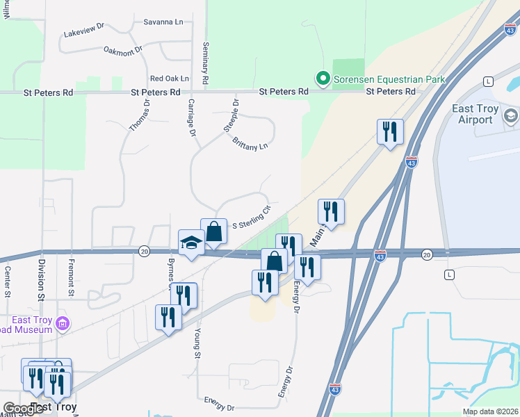 map of restaurants, bars, coffee shops, grocery stores, and more near 1820 Kettle Court in East Troy