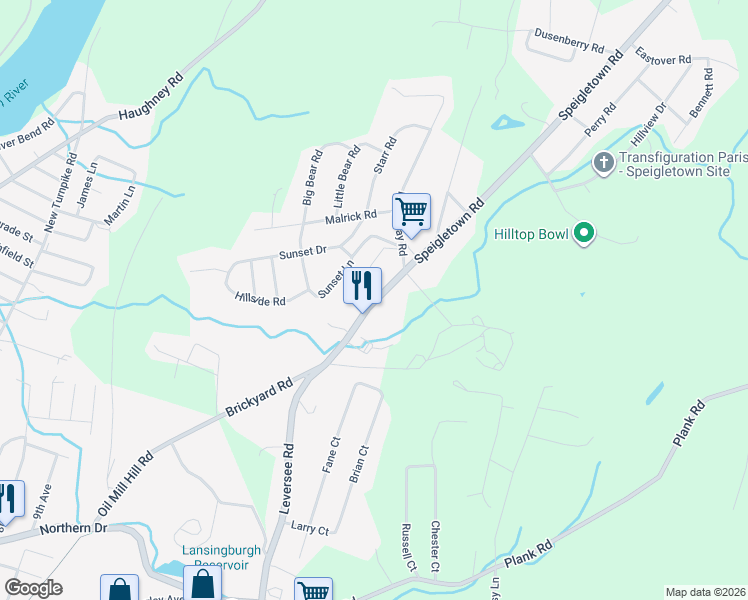 map of restaurants, bars, coffee shops, grocery stores, and more near 159 Brickyard Road in Troy