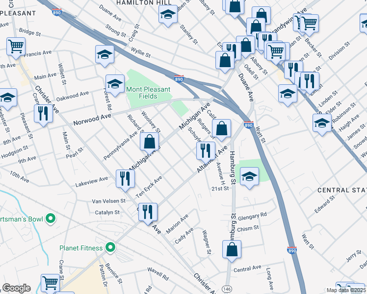 map of restaurants, bars, coffee shops, grocery stores, and more near 1526 Schuyler Street in Schenectady
