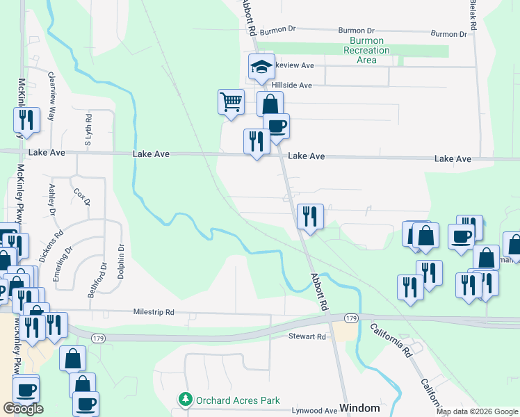 map of restaurants, bars, coffee shops, grocery stores, and more near 4998 Daisy Lane in Buffalo