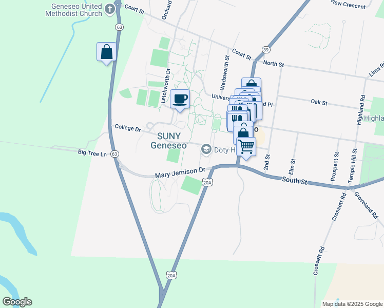 map of restaurants, bars, coffee shops, grocery stores, and more near Park Street in Geneseo
