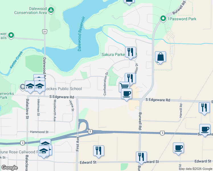 map of restaurants, bars, coffee shops, grocery stores, and more near 15 Confederation Drive in St. Thomas