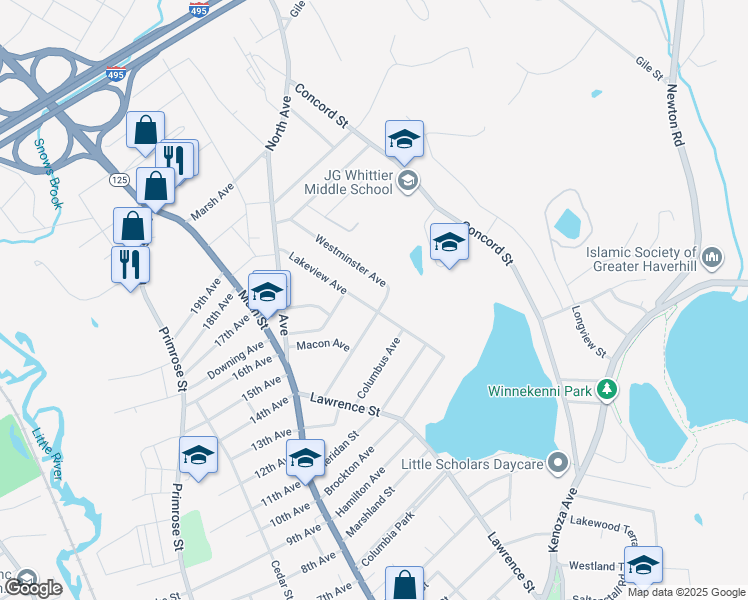 map of restaurants, bars, coffee shops, grocery stores, and more near 75 Westminster Avenue in Haverhill