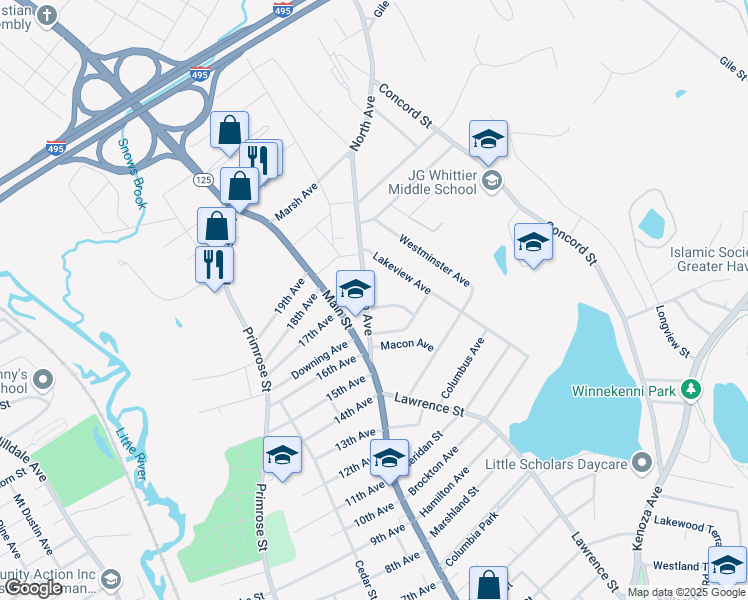 map of restaurants, bars, coffee shops, grocery stores, and more near 54 North Avenue in Haverhill