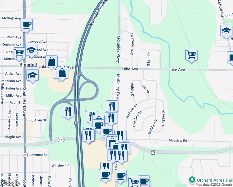 map of restaurants, bars, coffee shops, grocery stores, and more near 3300 McKinley Parkway in Buffalo