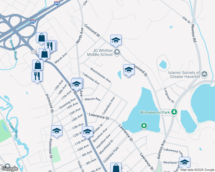 map of restaurants, bars, coffee shops, grocery stores, and more near 75 Westminster Avenue in Haverhill