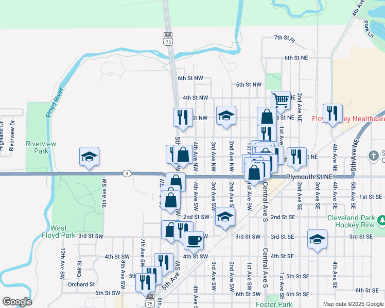 map of restaurants, bars, coffee shops, grocery stores, and more near 101 4th Avenue Northwest in Le Mars