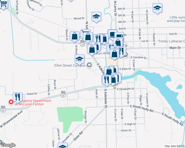 map of restaurants, bars, coffee shops, grocery stores, and more near 404 West Ellen Street in Fenton