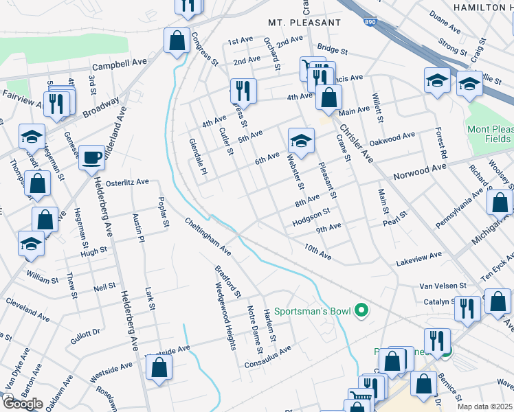 map of restaurants, bars, coffee shops, grocery stores, and more near 1112 Congress Street in Schenectady