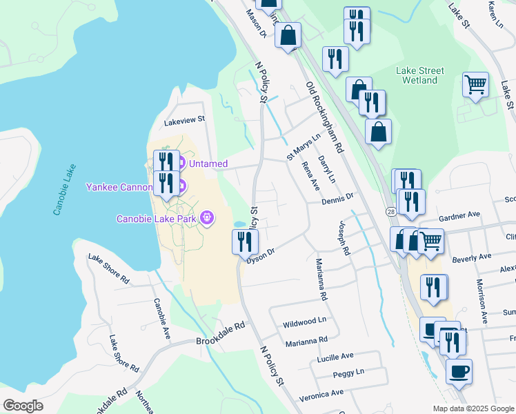 map of restaurants, bars, coffee shops, grocery stores, and more near 106 North Policy Street in Salem