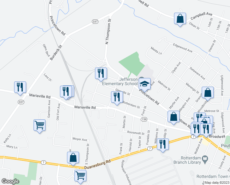 map of restaurants, bars, coffee shops, grocery stores, and more near 101 Glenville Street in Rotterdam