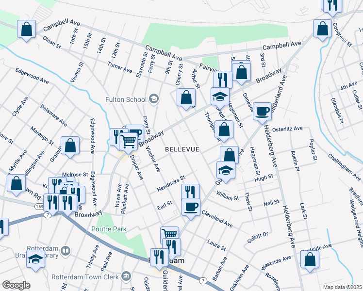 map of restaurants, bars, coffee shops, grocery stores, and more near 547 Harrison Avenue in Schenectady
