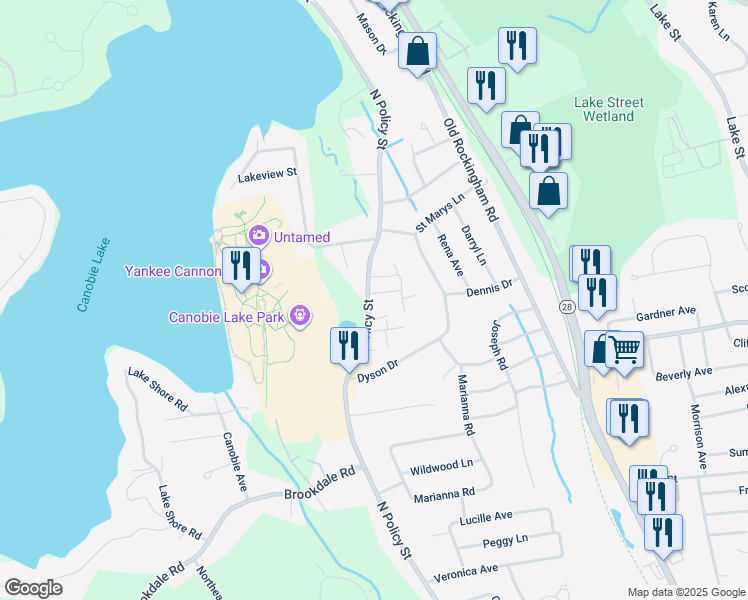 map of restaurants, bars, coffee shops, grocery stores, and more near 106 North Policy Street in Salem