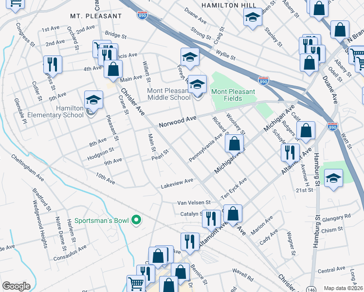 map of restaurants, bars, coffee shops, grocery stores, and more near 918 Vermont Avenue in Schenectady