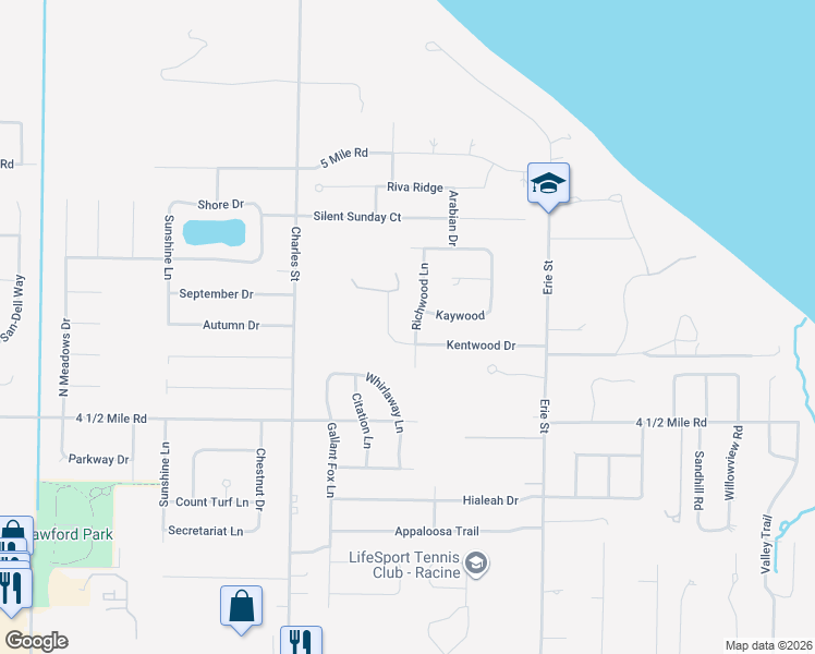 map of restaurants, bars, coffee shops, grocery stores, and more near 5657 Northway Drive in Racine