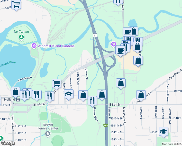 map of restaurants, bars, coffee shops, grocery stores, and more near 79 Clover Street in Holland