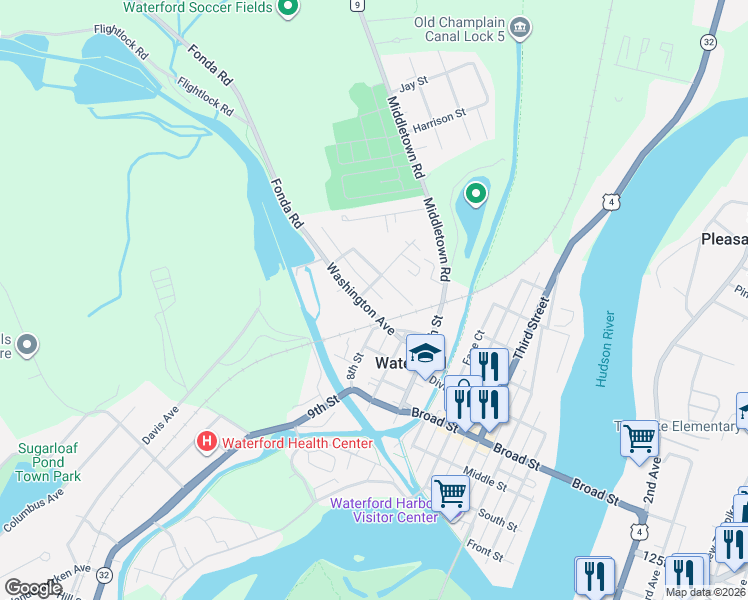 map of restaurants, bars, coffee shops, grocery stores, and more near 1 Mercer Street in Waterford