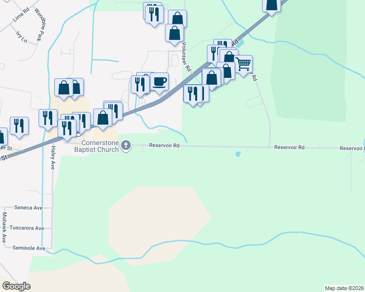 map of restaurants, bars, coffee shops, grocery stores, and more near 4321 Reservoir Rd in Geneseo