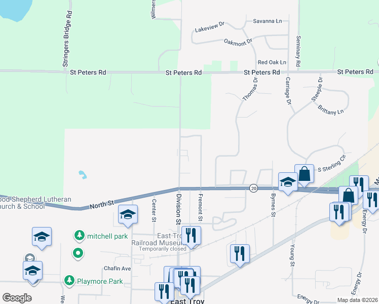 map of restaurants, bars, coffee shops, grocery stores, and more near 1836 Division Street in East Troy