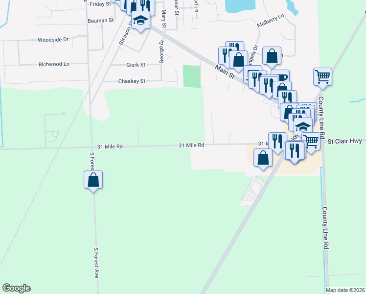 map of restaurants, bars, coffee shops, grocery stores, and more near 36787 31 Mile Road in Macomb