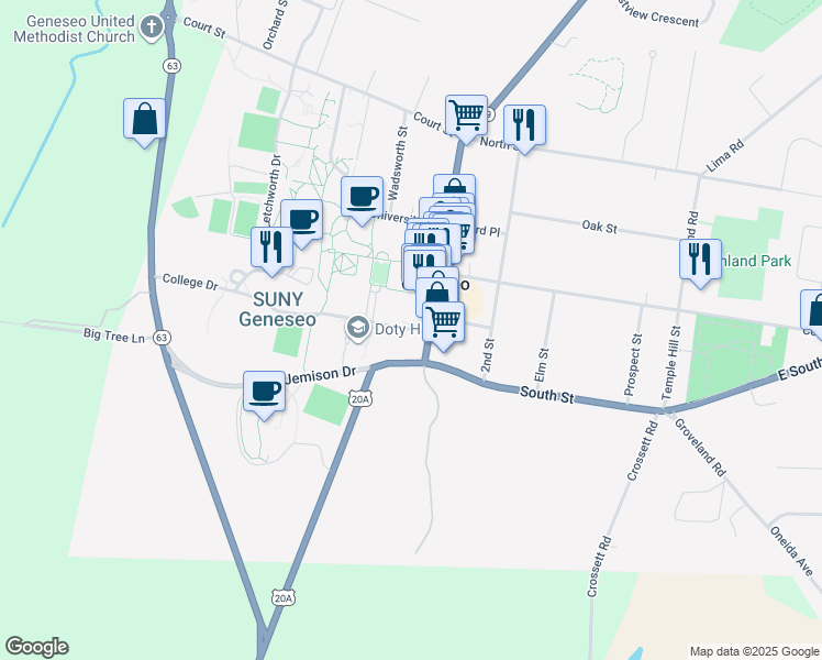 map of restaurants, bars, coffee shops, grocery stores, and more near 3 Park Street in Geneseo