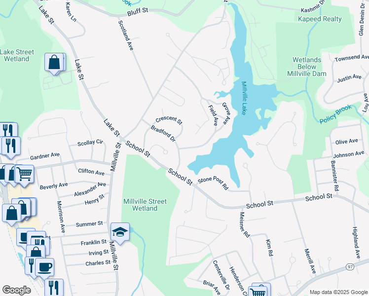 map of restaurants, bars, coffee shops, grocery stores, and more near 76 Grove Avenue in Salem