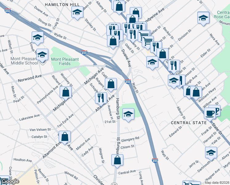 map of restaurants, bars, coffee shops, grocery stores, and more near 1620 California Avenue in Schenectady