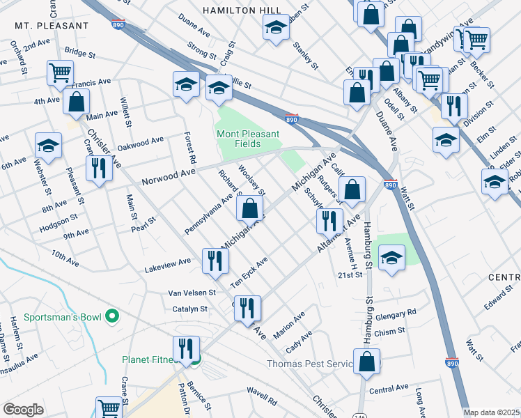 map of restaurants, bars, coffee shops, grocery stores, and more near 1438 Woolsey Street in Schenectady