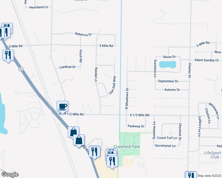 map of restaurants, bars, coffee shops, grocery stores, and more near 5690 San-Dell Way in Racine