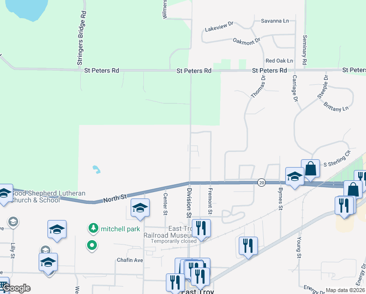 map of restaurants, bars, coffee shops, grocery stores, and more near 1835 Division Street in East Troy