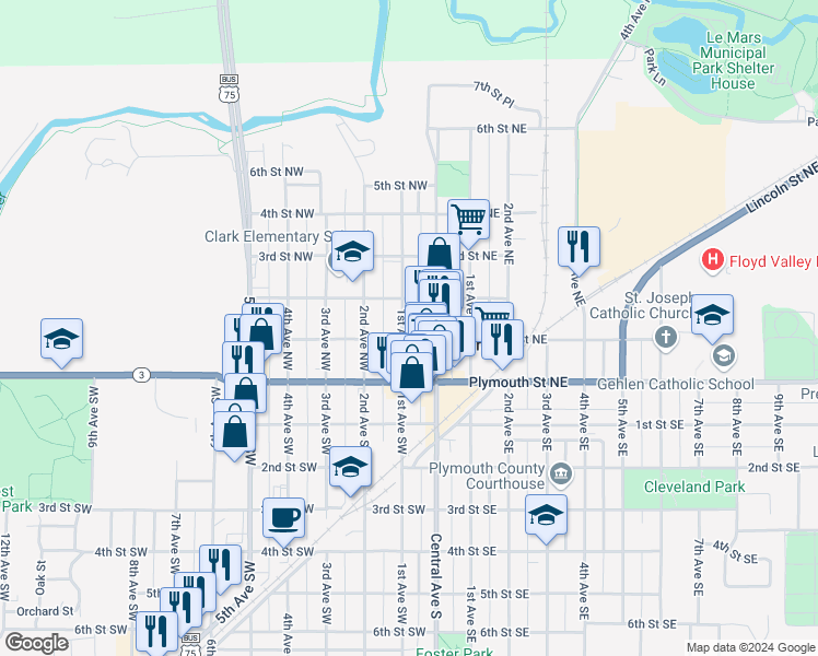 map of restaurants, bars, coffee shops, grocery stores, and more near 108 1st Avenue Northwest in Le Mars