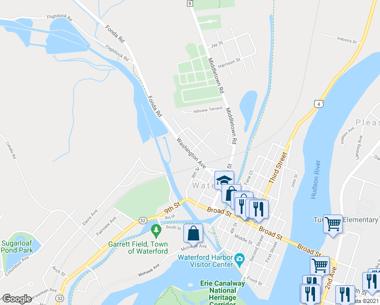 map of restaurants, bars, coffee shops, grocery stores, and more near Washington Avenue & Mercer Street in Waterford