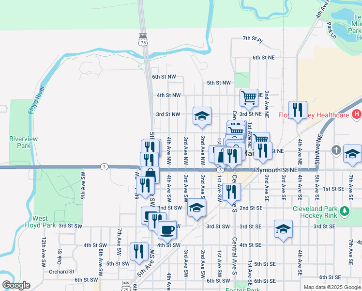 map of restaurants, bars, coffee shops, grocery stores, and more near 101-199 3rd Ave NW in Le Mars
