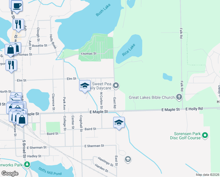 map of restaurants, bars, coffee shops, grocery stores, and more near 132 North Corbin Street in Holly