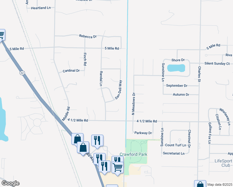 map of restaurants, bars, coffee shops, grocery stores, and more near 5690 San-Dell Way in Racine