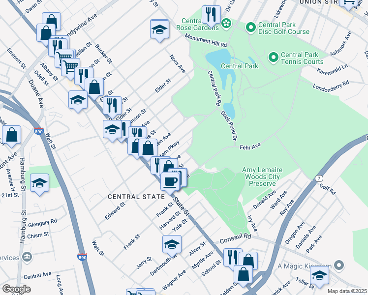 map of restaurants, bars, coffee shops, grocery stores, and more near 110 Western Parkway in Schenectady