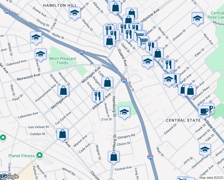 map of restaurants, bars, coffee shops, grocery stores, and more near 1620 California Avenue in Schenectady
