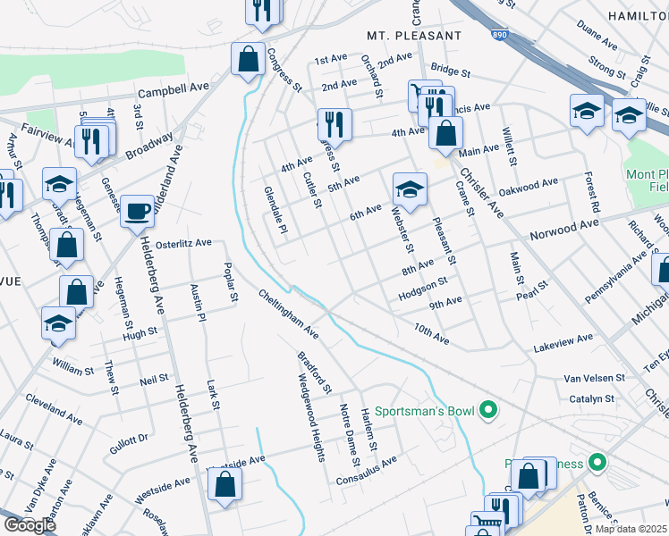 map of restaurants, bars, coffee shops, grocery stores, and more near 1096 Cutler Street in Schenectady