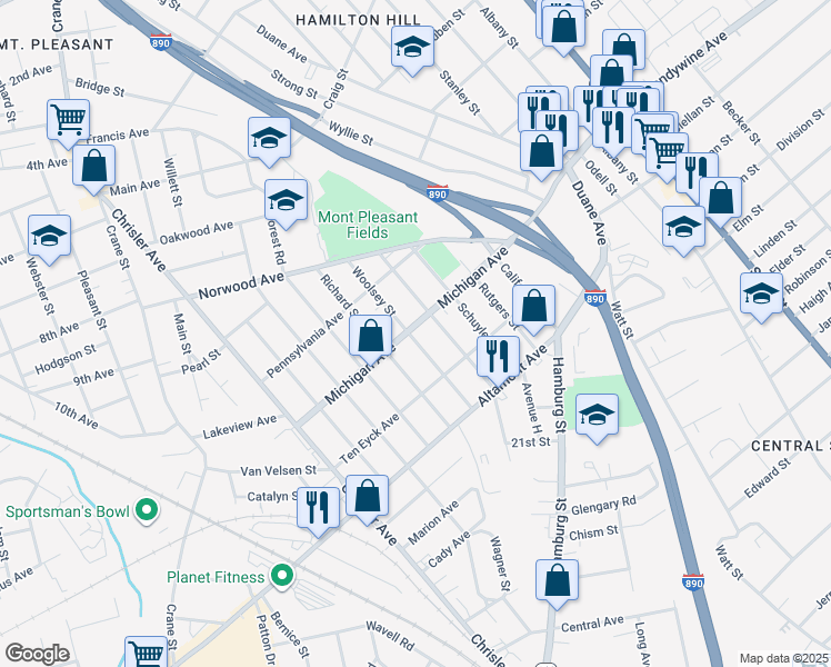 map of restaurants, bars, coffee shops, grocery stores, and more near 526 Michigan Avenue in Schenectady