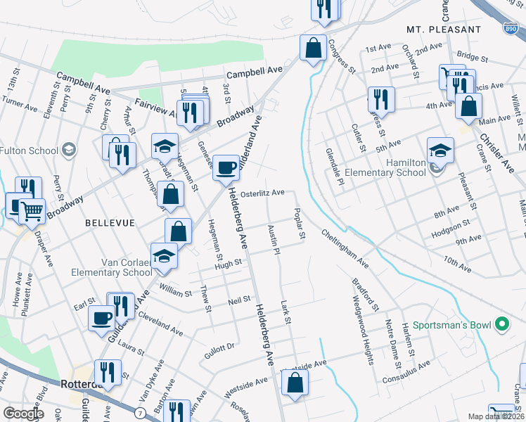 map of restaurants, bars, coffee shops, grocery stores, and more near 1050 Austin Place in Schenectady