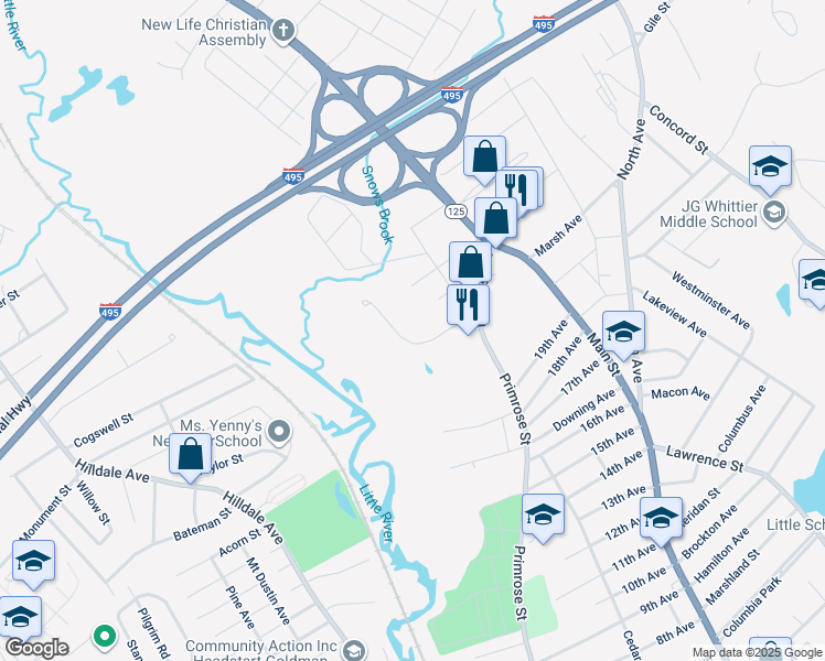 map of restaurants, bars, coffee shops, grocery stores, and more near 10 Primrose Way in Haverhill