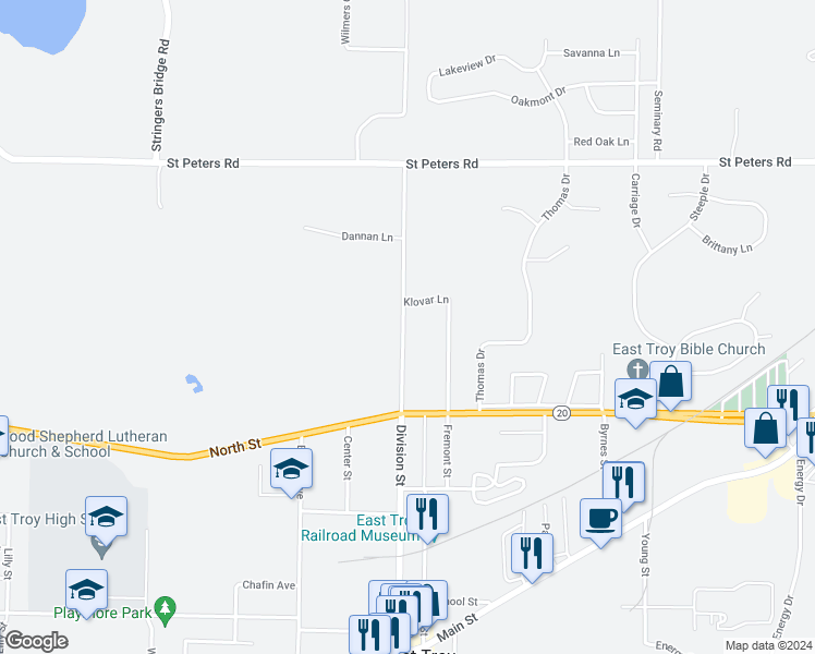 map of restaurants, bars, coffee shops, grocery stores, and more near 1836 Division Street in East Troy