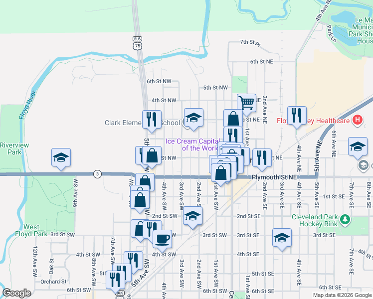 map of restaurants, bars, coffee shops, grocery stores, and more near 101-199 3rd Ave NW in Le Mars
