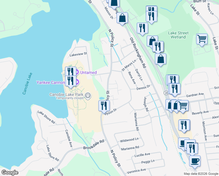 map of restaurants, bars, coffee shops, grocery stores, and more near 106 North Policy Street in Salem