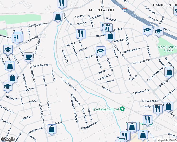 map of restaurants, bars, coffee shops, grocery stores, and more near 1112 Congress Street in Schenectady