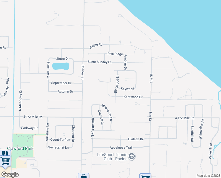 map of restaurants, bars, coffee shops, grocery stores, and more near 5657 Northway Drive in Racine