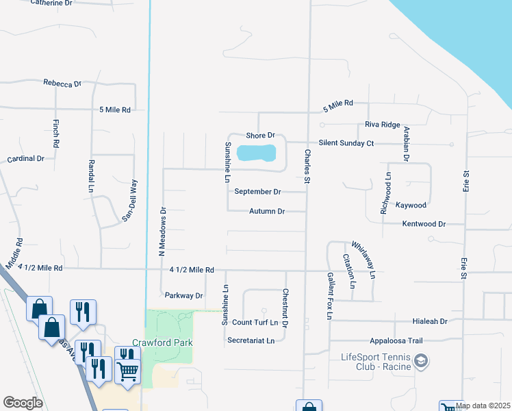 map of restaurants, bars, coffee shops, grocery stores, and more near 1708 Autumn Drive in Racine