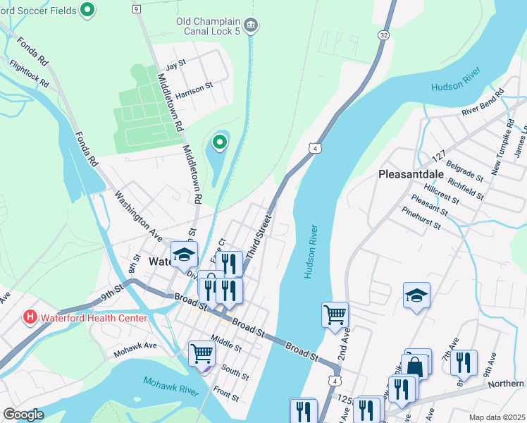 map of restaurants, bars, coffee shops, grocery stores, and more near 126 Third Street in Waterford