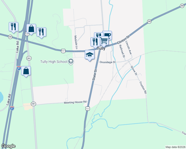 map of restaurants, bars, coffee shops, grocery stores, and more near 46 State Street in Tully